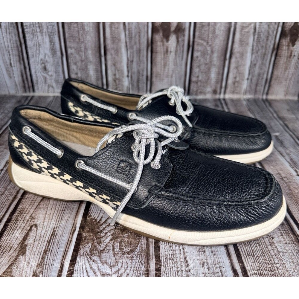 Sperry Top Sider Shoes Womens 9.5 Black Leather Houndstooth Lace Up Casual